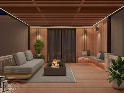 Rooftop Garden Design With Cozy Sofa Fireplace Wooden Ceiling And Lush Plants 3d model