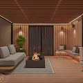 Rooftop Garden Design With Cozy Sofa Fireplace Wooden Ceiling And Lush Plants