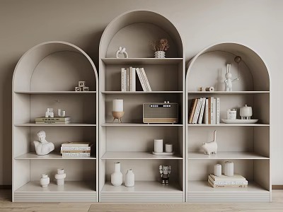 White Arched Bookshelves Stylish Home Interior With Books Decorations Ornaments And Candles 3d model