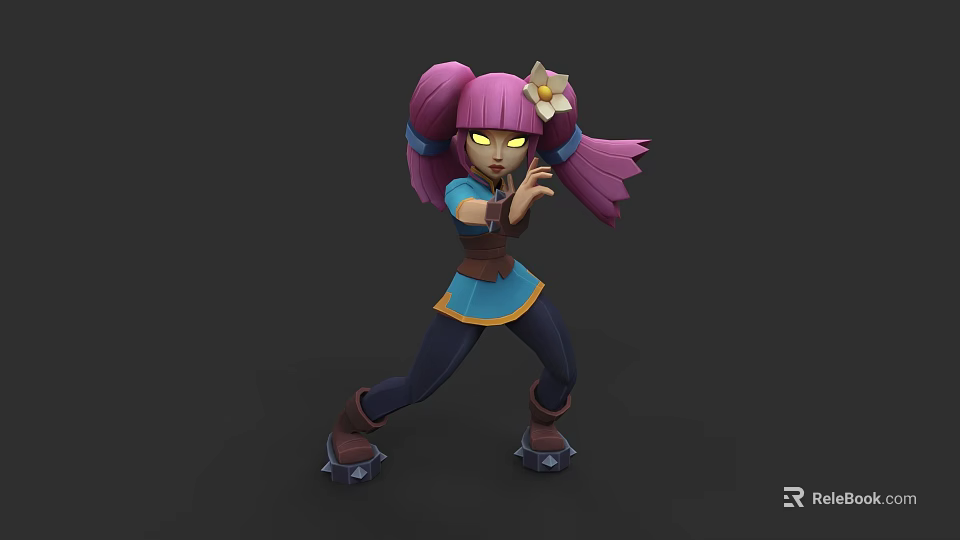 Woman With Pink Pigtails Flower Hair Accessory Blue Top And Dark Pants In Fighting Stance 3d model 