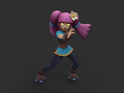 Woman With Pink Pigtails Flower Hair Accessory Blue Top And Dark Pants In Fighting Stance 3d model