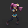 Woman With Pink Pigtails Flower Hair Accessory Blue Top And Dark Pants In Fighting Stance