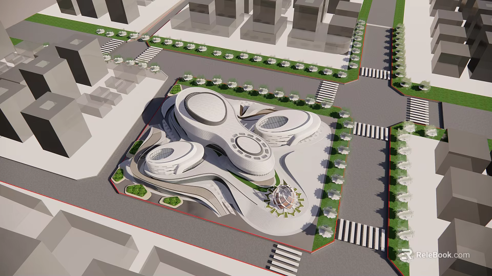 Modern Unique Architectural Building With Circular Roofs And Urban Green Landscaping 3d model 