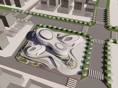 Modern Unique Architectural Building With Circular Roofs And Urban Green Landscaping 3d model