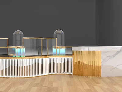 Elegant Modern Display Shelves With Golden Frame Glass Display And Marble Countertop On Wooden Floor 3d model