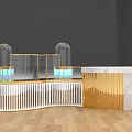 Elegant Modern Display Shelves With Golden Frame Glass Display And Marble Countertop On Wooden Floor