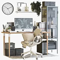 Modern Home Office Desk With Computer Monitor Green Plant Bookshelf Wall Clock And Gray Chair