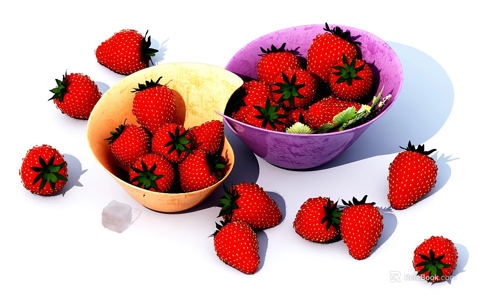 Fresh Ripe Strawberries in Yellow and Purple Bowls with Scattered Berries 3d model 