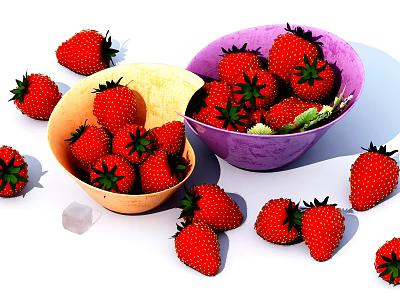 Fresh Ripe Strawberries in Yellow and Purple Bowls with Scattered Berries 3d model