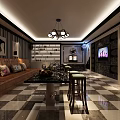 Modern KTV Lounge Interior With Sofa Coffee Table TV Chandelier And Striped Walls