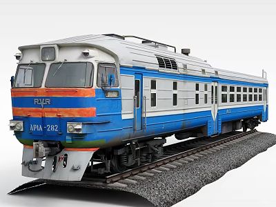Blue And White Train With Orange Stripe LPA 202 On Railway Track 3d model