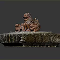 Traditional Stone Carving With Large Lion And Small Cubs On Textured Base