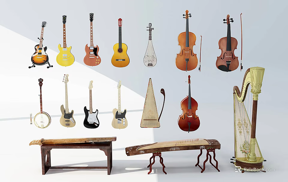 Diverse Array of Musical Instruments Featuring Guitars Pipa Violins Cellos and Traditional Harps 3d model 