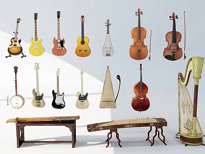 Diverse Array of Musical Instruments Featuring Guitars Pipa Violins Cellos and Traditional Harps 3d model