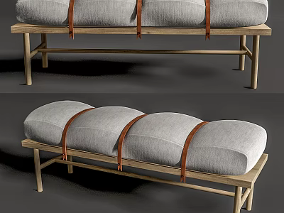 Stylish Sofa Bench With Wooden Frame Gray Cushion And Leather Straps For Living Room 3d model
