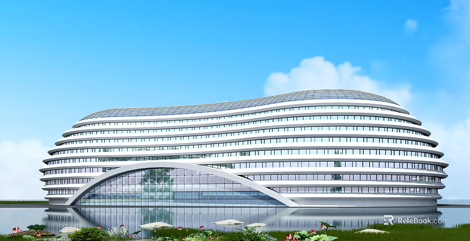 Modern Streamlined Commercial Complex With Glass Curtain Walls Waterfront And Greenery 3d model 