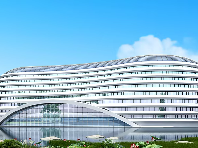 Modern Streamlined Commercial Complex With Glass Curtain Walls Waterfront And Greenery 3d model
