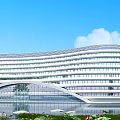 Modern Streamlined Commercial Complex With Glass Curtain Walls Waterfront And Greenery