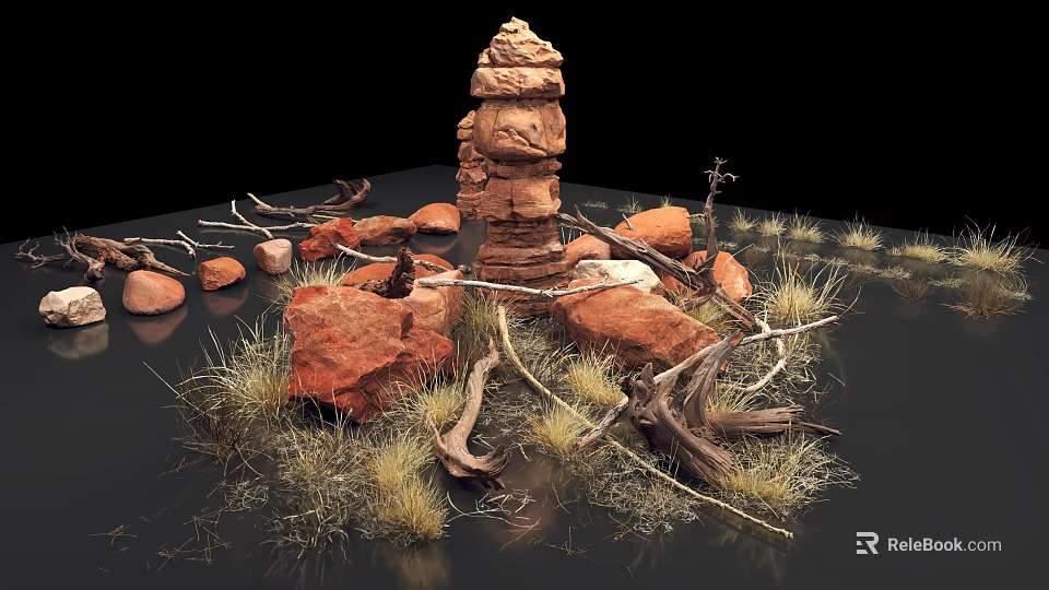 Natural Desert Landscape With Red Stone Tower Surrounded By Red Rocks Dry Wood And Grass 3d model 