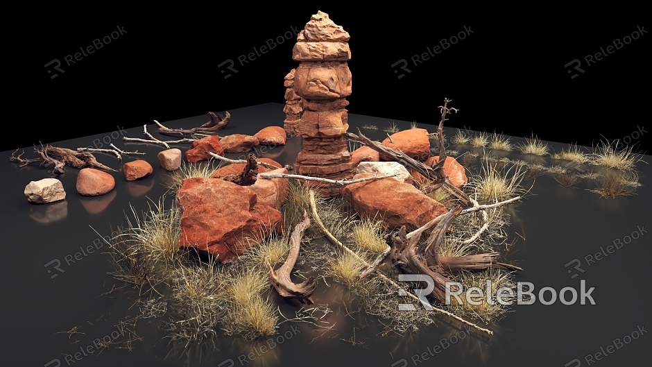 Modern Gobi Wilderness Rock Wild Grass Wood model