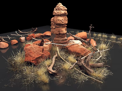 Natural Desert Landscape With Red Stone Tower Surrounded By Red Rocks Dry Wood And Grass 3d model
