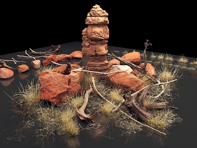 Modern Gobi Wilderness Rock Wild Grass Wood model