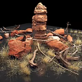 Natural Desert Landscape With Red Stone Tower Surrounded By Red Rocks Dry Wood And Grass