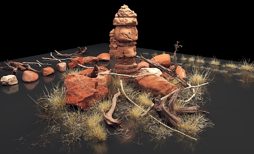 Modern Gobi Wilderness Rock Wild Grass Wood 3d model