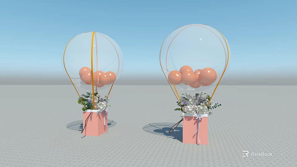 Floral Display Transparent Balloons With Pink Balloons Pink Boxes Flower Bouquets Green Plants Purple Ribbons 3d model 