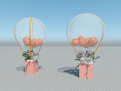 Floral Display Transparent Balloons With Pink Balloons Pink Boxes Flower Bouquets Green Plants Purple Ribbons 3d model