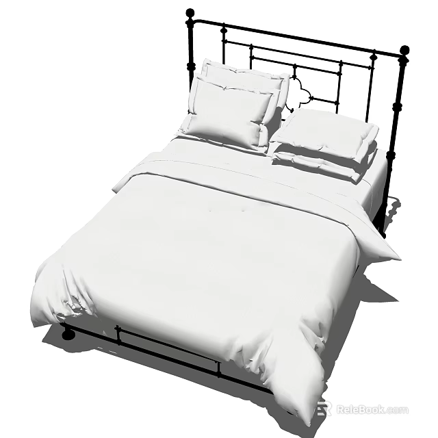 Modern Double Bed With Black Metal Frame White Sheets And Pillows 3d model 