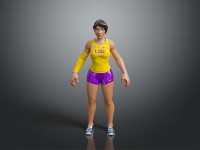 Woman in Yellow Tank Top With LSI Print Purple Shorts Yellow Arm Sleeves and Sneakers 3d model