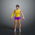 Woman in Yellow Tank Top With LSI Print Purple Shorts Yellow Arm Sleeves and Sneakers