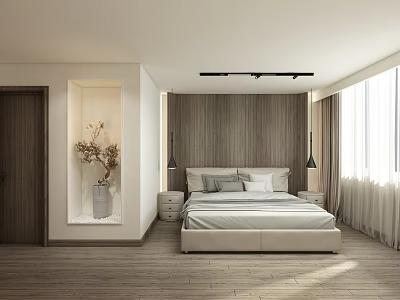 Modern Hotel Guest Room Interior With King Bed Wooden Paneling And Curtain Windows 3d model