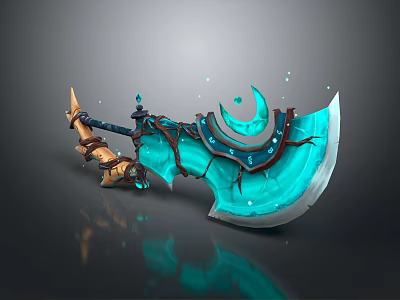 Fantasy Turquoise Glowing Battle Axe With Ornate Handle And Decorative Crystals 3d model