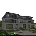 Modern Semi Detached Villa Exterior Design With Large Windows Balconies And Greenery Garden