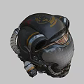 Retro Futuristic Metallic Helmet With Orange Visor Piping Details And Red Accents