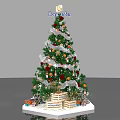 Decorated Christmas Tree With Sparkling Lights Red Orange Ornaments White Ribbons And Merry Christmas Base