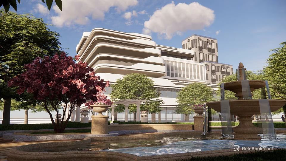 Modern Architectural Building With Landscaped Garden Water Fountain And Pink Flowering Trees 3d model 