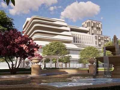 Modern Architectural Building With Landscaped Garden Water Fountain And Pink Flowering Trees 3d model