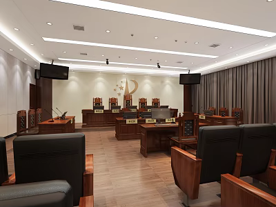 Courtroom Interior with Judge's Bench Audience Seats Large Screens Wooden Furniture and National Emblem 3d model