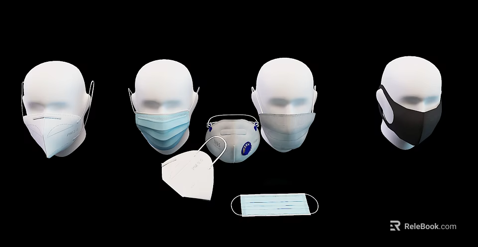 Various Protective Masks On White Mannequin Heads And Standalone Pieces 3d model 