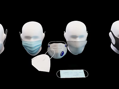 Various Protective Masks On White Mannequin Heads And Standalone Pieces 3d model