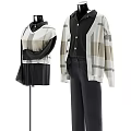 Model Wearing Black And White Top Black Skirt Plaid Cardigan And Black Pants Outfit