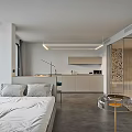 Hotel Guest Room Featuring Modern Minimalist Design Large Bed City Skyline View And Pendant Lights