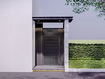 Contemporary Entrance Gate Featuring Dark Louvered Design White Wall Green Hedge And Yellow Step 3d model