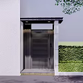 Contemporary Entrance Gate Featuring Dark Louvered Design White Wall Green Hedge And Yellow Step