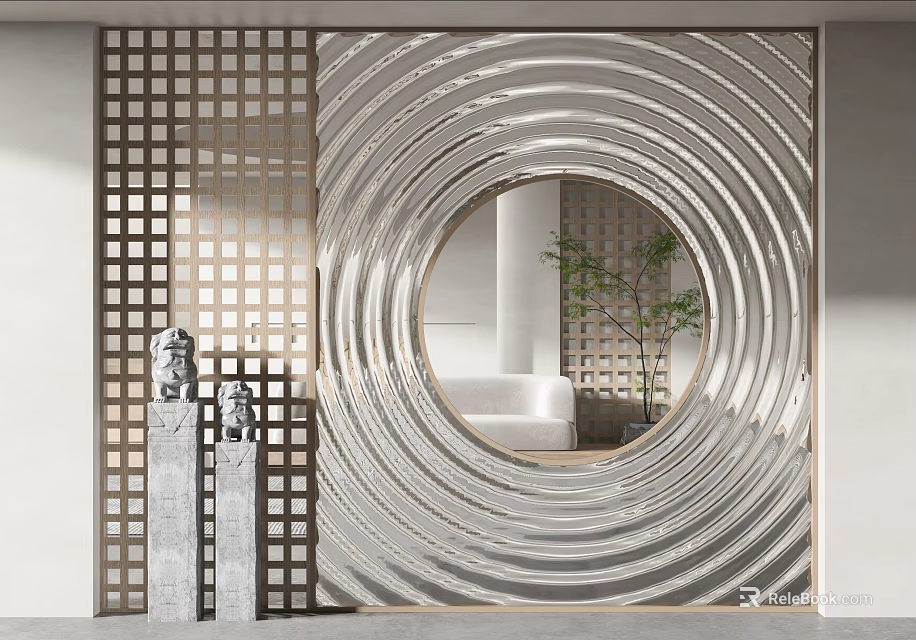 Modern Circular Room Divider With Geometric Lattice Pattern And Mirror Reflection 3d model