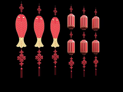 Traditional Chinese Red Fish and Lantern Shaped Hanging Decorations for Festivals 3d model