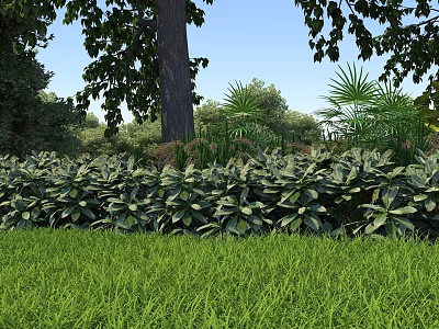 Scenic Green Landscape With Lush Grass Dense Shrubs And Tall Tree Under Clear Blue Sky 3d model